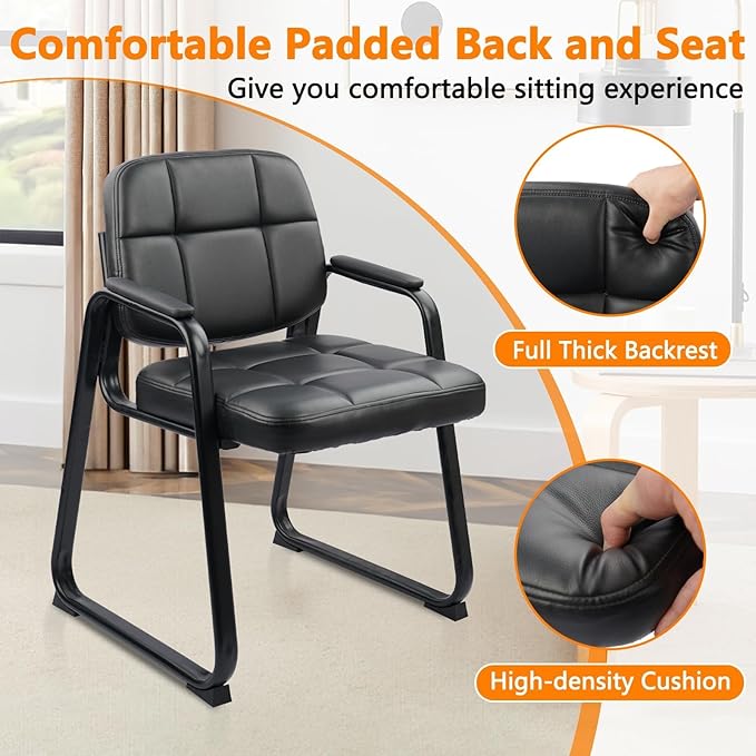 CLATINA Leather Office Guest Waiting Room Chair with Sled Base Reception Chair No Wheels with Armrests and Lumber Support Stationary Desk Armchair for Meeting Conference Lobby Shool Black 4 PK