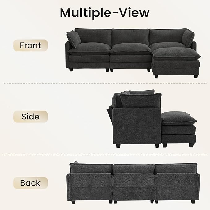 ROWHY Oversized Modular Sectional Couch with Movable Ottoman 112 Modern Convertible L Shaped Sofa Set 4 Seat Comfy Cloud Couch with 2 Throw Pillows for Living Room Chenille Charcoal Grey