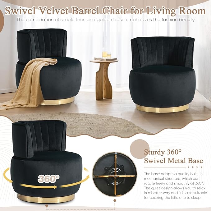 Velvet Swivel Barrel Chair Modern Upholstered Accent Chair 360° Swivel Round Lounge Chair with Gold Metal Base Comfy Arm Chair Sherpa Chair for Nursery Living Room Bedroom Club Office Black