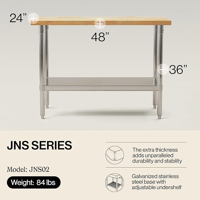 John Boos Maple Wood Top Work Table 48”x24”x36” – 1.5” Thick Tabletop 86-lb Kitchen Station with Wooden Edge-Grain Table &amp Steel Base &amp Adjustable Shelf