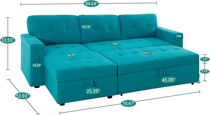 Naomi Home 85 in. Convertible Sofa with Storage Reversible L Shape Sofa Couch with Chaise Comfy Couches for Living Room Teal/Velvet