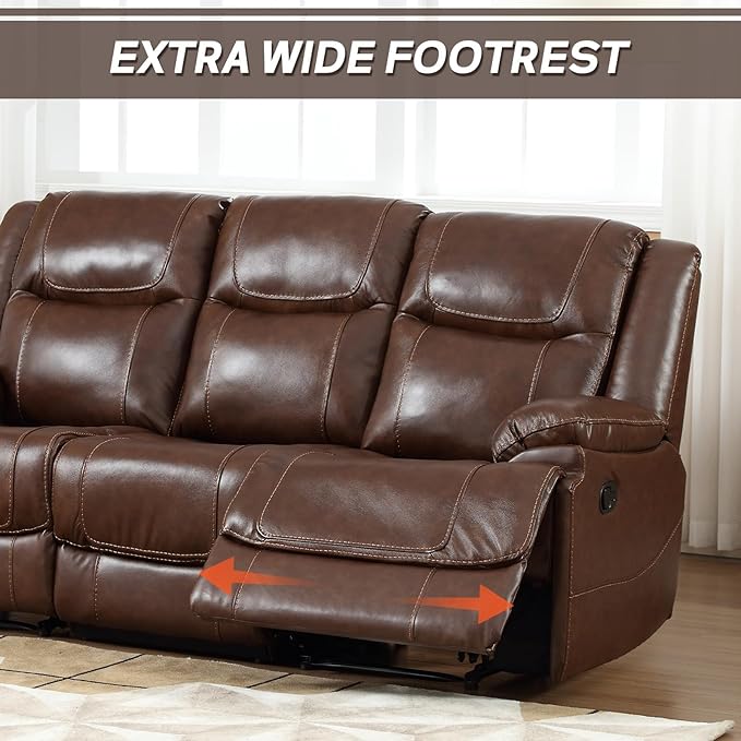 EBELLO Genuine Leather Manual Reclining Sofa 3 Seat Recliner Sofa Couch for Living Room Bedroom Furniture Meeting Room Brown