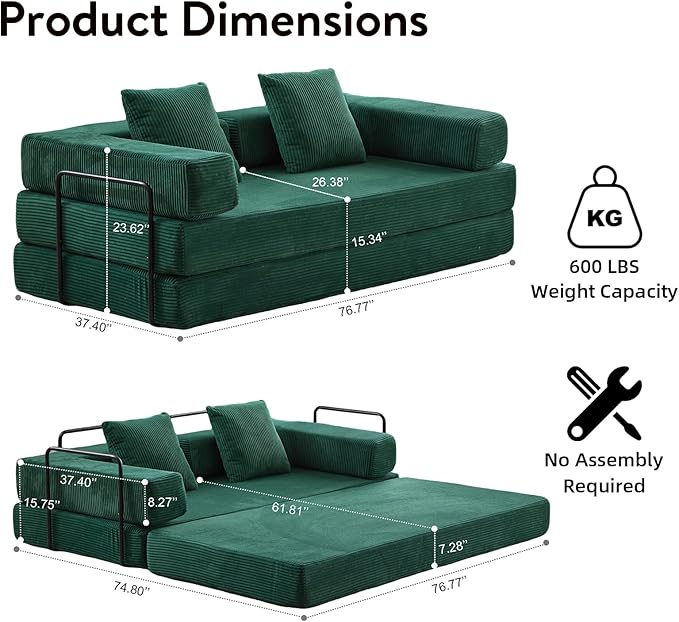 Folding Sofa Bed Convertible Sleeper Corduroy Floor Couch with Pillows Fold Out Couch King Size Bed Futon Couchs Foldable Memory Foam Mattress for Living Room Bedroom Playroom (Dark Green)