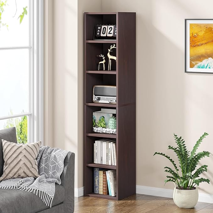 LITTLE TREE 70.9 Inch Tall Narrow Bookcase Set of 2 Modern Bookshelf 6 Tier Cube Display Shelf Storage Organizer for Small Space Brown