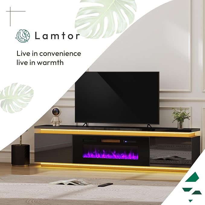 Fireplace TV-Stand with 40 Fireplace - 2 LED fire Place TV Stand for 90 95 Inch TVs - Entertainment Center with 4 AC Power Outlets - TV Consoles Stand for Living Room Gloss Black
