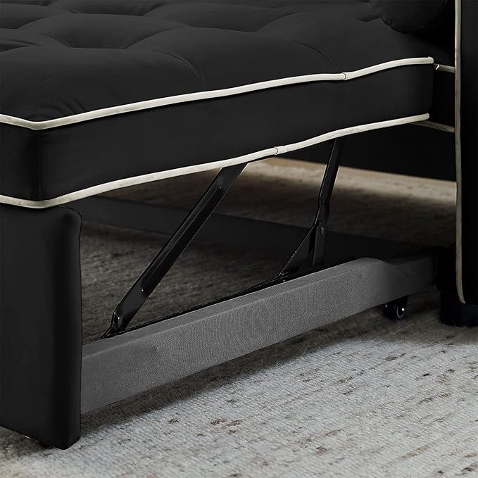 3 in 1 Sleeper Sofa Couch Bed Small Tufted Velvet Convertible Loveseat Futon Sofa w/Pullout Bed Adjustable Backrest Cylinder Pillows for Living Room Apartment Easy to Assemble Black 55.5