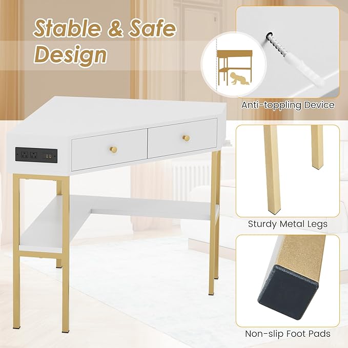Giantex Corner Desk with Charging Station 90 Degree Triangle Computer Desk with 2 Drawers &amp Storage Shelf L-Shaped Writing Desk Makeup Vanity Table Compact Corner Desk for Small Spaces (White)