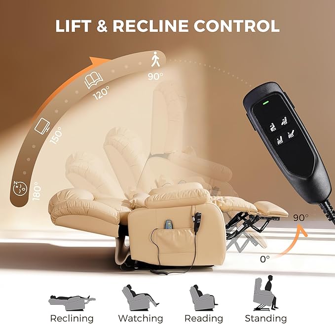 Power Lift Recliner Chair with 8-Point Massage &amp Heat Dual Remote USB/Type-C Ports Easy-Clean Leather Width 19.7 (Leather Beige)