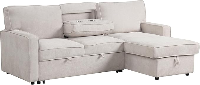 L-Shaped Convertible Sectional Sofa with Storage Space Upholstery Sleeper Sectional Sofa with USB Port and 2 Cup Holders on Back Cushions 3-Seat Sofa Furniture for Living Room Office (Beige-89'W)