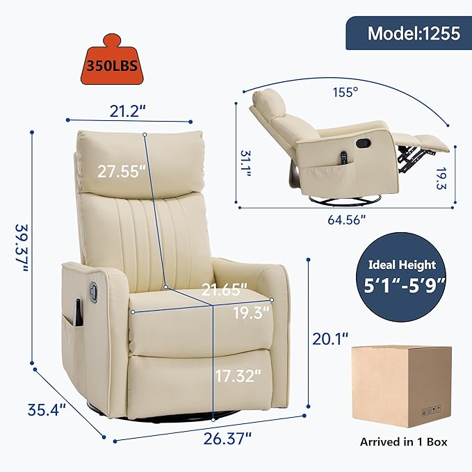 High Back Massage Recliner with Heat - Swivel Rocking Chair for Small Spaces Manual Lazy Boy Recliner for Adults Perfect for Living Room &amp Bedroom Soft Fabric (Beige FL)