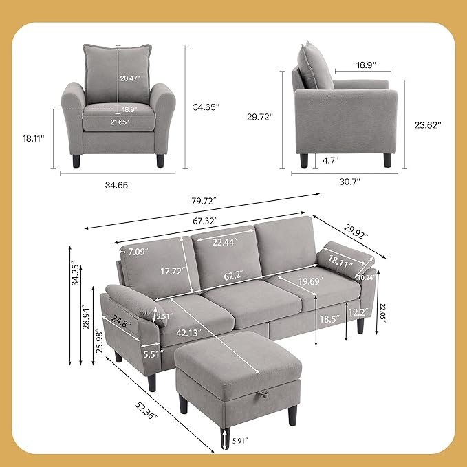 2 Piece Couches Set for Living Room Convertible L Shaped Sofas 3 Seat Couch with Ottoman and Accent Chair Modern Linen Sofa for Small Space (Light Grey)