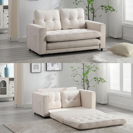 Folding Futon Sleeper Sofa with Pull Out Couch BedModern Velvet Loveseat Sleeper Convertible to Full Size Floor Couches Bed for Living Room Bedroom Small Space (Beige)