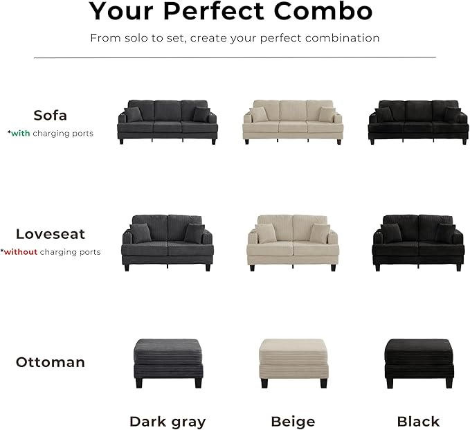 Homes: Inside + Out Reese Modern Plush Chenille Couch with Side Pockets Cup Holders and USB Ports Wooden Comfortable Sofa for Living Room Bedroom and Office Dark Grey