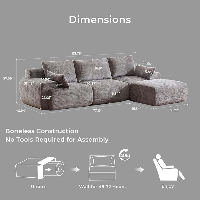 WELAX 114 Sectional Couches for Living Room Boneless Couch L-Shape with Pillows &amp Ottoman Modular Chenille Cloud Sofa 4 Seater Home Comfy Sofas for Apartment Grey