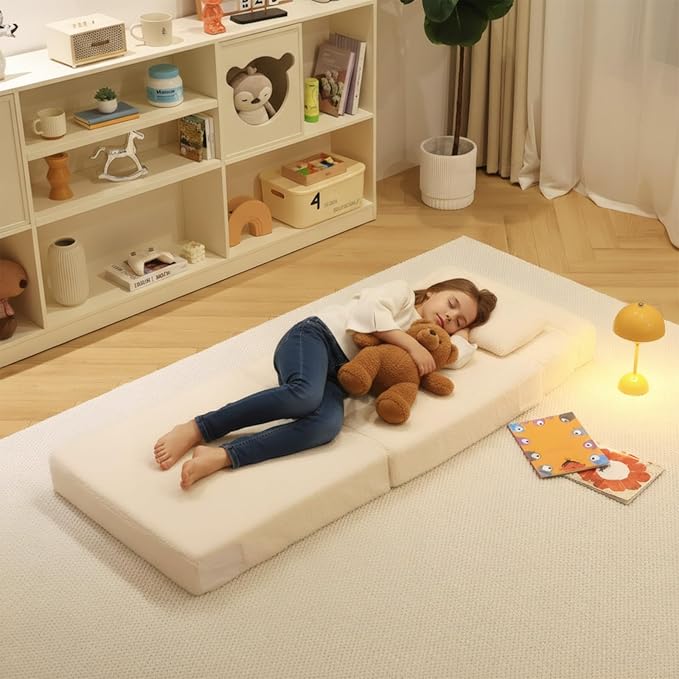 Tiita Convertible Folding Kids Sofa Bed with Pillow &amp Storage Bag Plush Fabric Floor Mattress Couch Bed Washable Cover Kids Room Playroom Dorm Apartment Beige