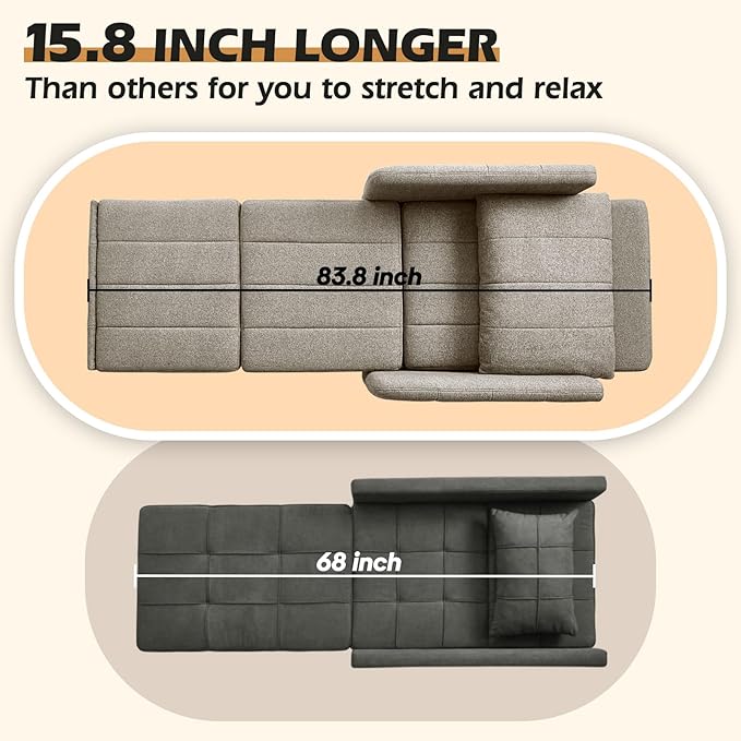 Sleeper Chair 84 Extra Long Convertible Chair Bed Upgraded 3-in-1 to 4-in-1 Pull Out Chair &amp Single Sofa Bed for Adult Sleeping Chair for Living Room Small Space (Light Grey)