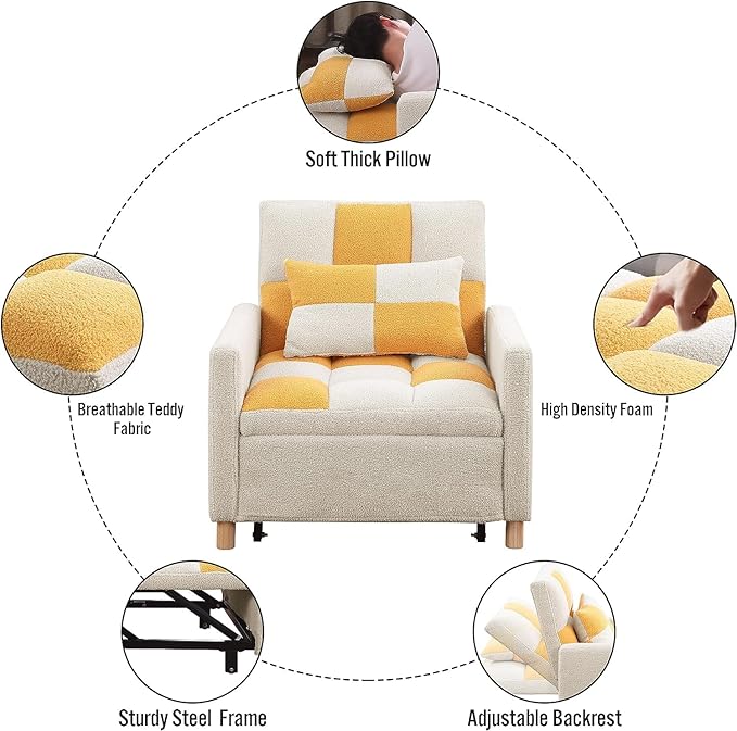 Convertible Sleeper Sofa Chair Bed3-in-1 Sleeper Chair Bed with PillowPull Out Single Armchair Sofa Bed with Adjustable Backrest Multi-Functiona Lounge Chair for Living Room (Yellow)