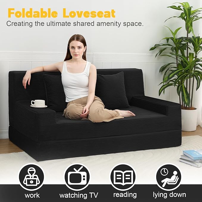 MeMoreCool Boneless Folding Sofa Bed Queen – Corduroy Convertible Futon Couch 2-in-1 Floor Sleeper with Foam Support Detachable Pillow &amp Washable Cover for Living Room Guest Room Apartment