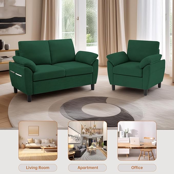 2-Piece Sofa Couch (Loveseat and Chair Set) Modern Sectional Sofa Sets with Wide Arms &amp Side Pockets Modern Comfy Small Couch Set for Living Room Green