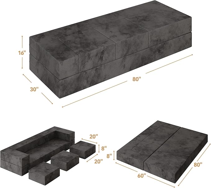 80'' Queen Convertible Floor Sofa Bed Velvet Folding Bed Couch with 3Ottomans Modular Sectional Floor Sofa Futon Sleeper Memory Foam Mattress for Guest/Living Room/PlayroomDeep Grey