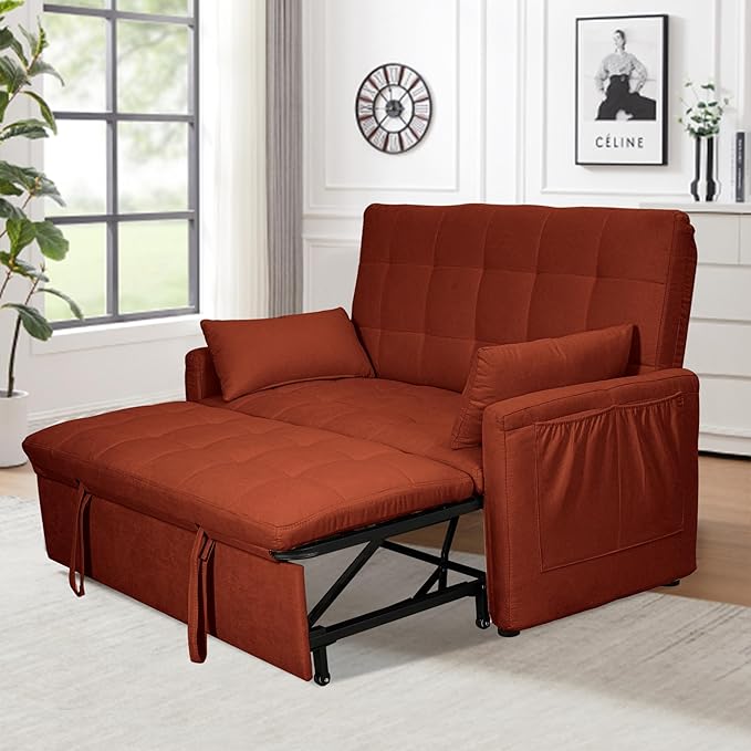 60 Pull Out Sofa Bed Linen Convertible Sleeper Couch Loveseat Chaise Lounge with Side Pockets Red Pullout Futon Sofa Bed for Living Room Bedroom Small Spaces RV (Red)