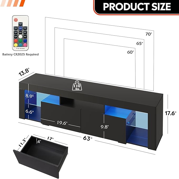 WLIVE 63 inch TV Stand for 50 55 60 65 70 75 Inch TVs Modern Entertainment Center with LED Lights &amp 2 Large Storage Drawers TV Console Gaming Media Television Stands for Living Room Bedroom(Bla