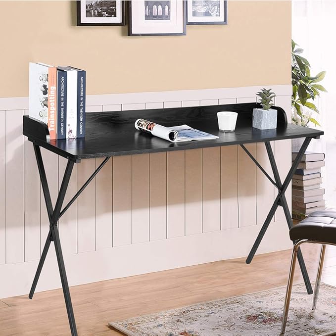 Homy Casa Modern Black Computer Desk with X-Frame Metal Legs 47.2 x 19.7 Writing Table Raised Edge Minimalist Home Office Workstation