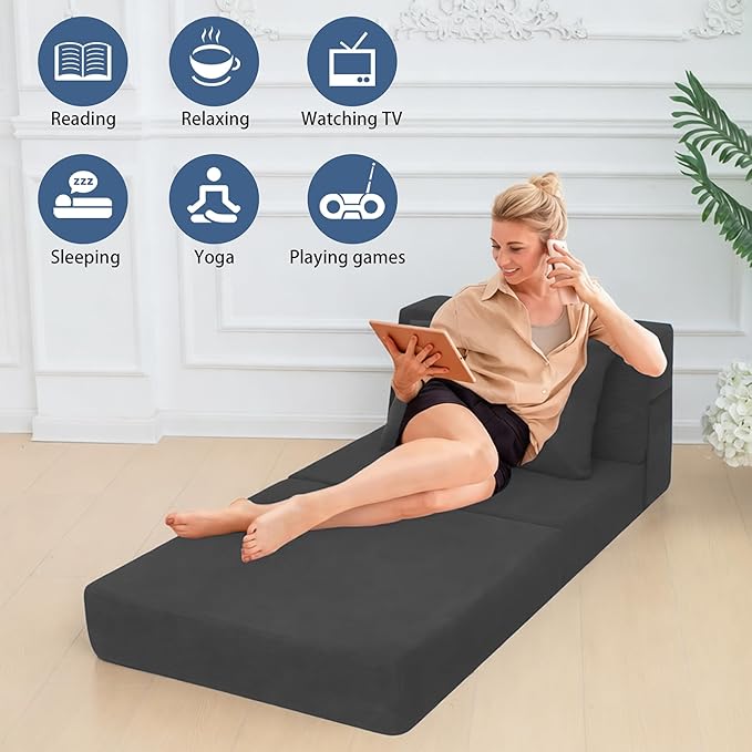 Sofa Bed Foldable Mattress Folding Sleeper Sofa Chair Bed Floor Mattress with Pillow for Living Room Home Office (Dark Gray -Corduroy Single)