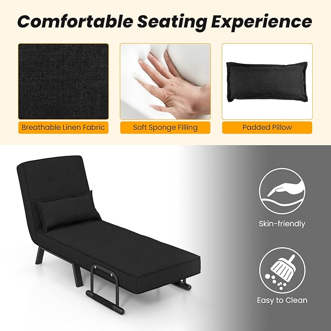 Giantex Convertible Sleeper Chair Bed 4-in-1 Sofa Bed with 6-Position Adjustable Backrest &amp Metal Legs Cozy Chaise Lounge Couch for Adults Folding Armchair for Living Room Office Guest Room (Bl