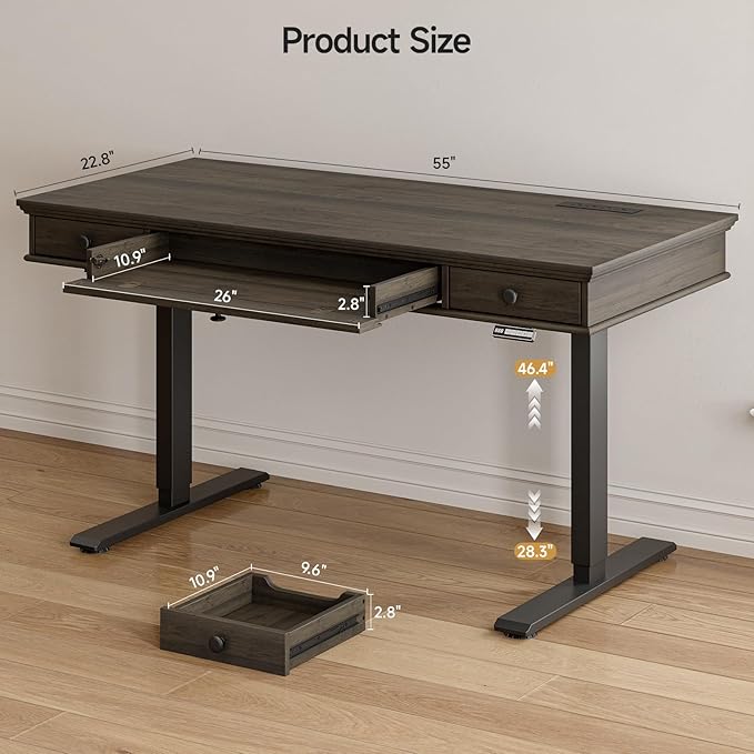 ONBRILL Standing Desk with Drawers 55 x 23 Inch Electric Height Adjustable Desk with Storage &amp Outlets for Computer Workstation Home Office Retro Curved Table Corner Design Dark Walnut