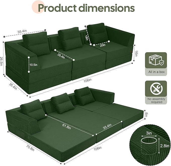COMAX Futon Sofa Bed 3 Seater 106 Convertible Sofa Bed Couches for Living Room 4 in 1 Folding Boneless Sleeper Corduroy Couch Foam in a Box Comfy Foldable Lounge Fold Out Floor Mattress Green