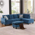 Blue L-Shaped 3-Piece Flannel Sofa with Storage Ottoman Set Sectional Couch Sofa Set for Living Room Office Small Space