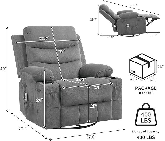 IDEALHOUSE Rocker Recliner Chair with Massage and Heat Swivel Reclining Sofa with Cup Holder Side Pockets Front Pockets Rocking Chair for Living Room Bedroom Nursery (Grey Linen)