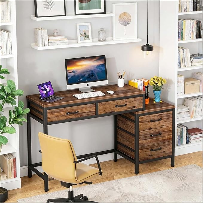 Computer Desk with Adjustable Position Drawers Rustic Brown Gaming Desk with Storage Compact Home Office Desks Vanity Desks Without Mirror for Bedroom/Study Writing