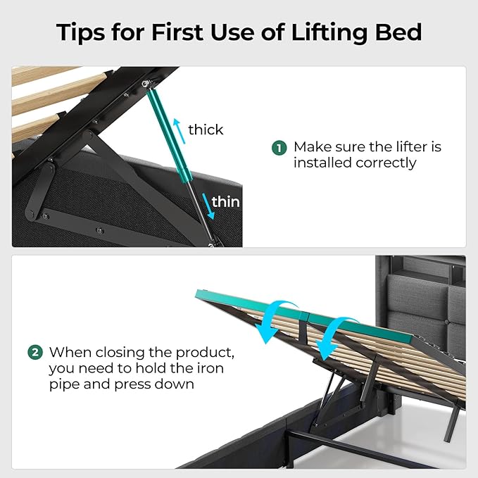 Rolanstar Bed Frame Queen Size with Lift Up Storage Charging Station &amp LED Lights Upholstered Storage Headboard Heavy Duty Wooden Slats No Box Spring Needed Noise Free Easy Assembly Dark Gr