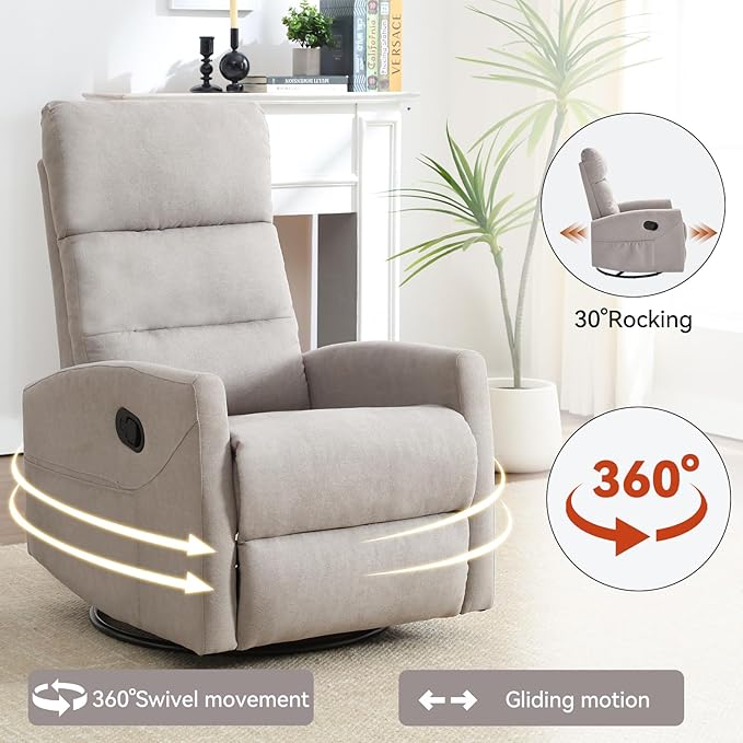Swivel Rocker Recliner Chair for Adults Rocking Recliner Chair Rocker Nursery Glider ChairRecliners for Small Spaces Manual Recliner Single Sofa for Living Room Nursery (Khaki)