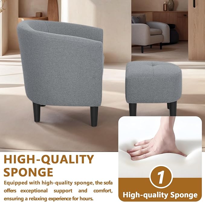 25” Fabric Upholstered Accent Chairs with Ottoman Comfy Barrel Chair with Tufted Seat for Adults Cozy Reading Chairs with Round Back for Living Room Bedroom Small Spaces (Gray) (Gray)