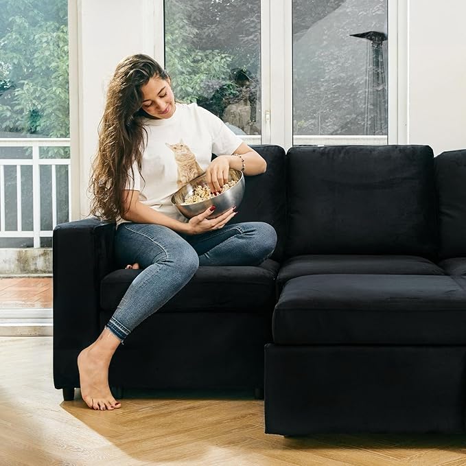Belffin Velvet Middle Single Module Seat for Modular Sectional Sofa Armrest Module for Sectional Sleeper Sofa Bed Black