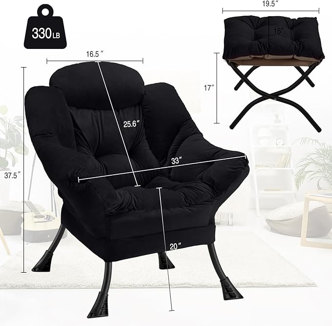 Lazy Chair with Folding Ottoman Modern Large Accent ChairContemporary Lounge Leisure Sofa Chair with Armrests Upholstered Sofa Armchair Reading Chair for BedroomDorm &amp Office(Black-f)