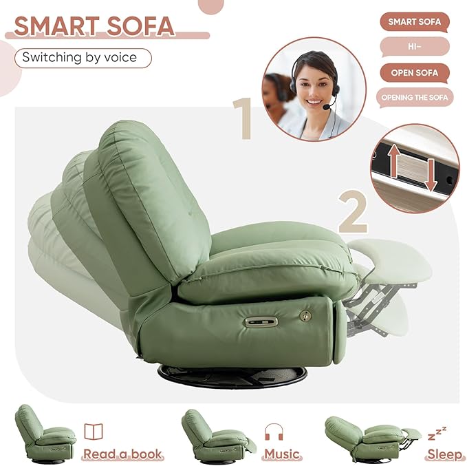Oversized Electric Recliner Chair 360 Swivel Rocking Glider Rocker for Adults Modern Ergonomic Lounge for Living Room Phone Stand&amp Smart Control Theater Seating (Black Silicone Leather)