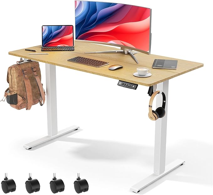 48 x 24 Inch Electric Standing Desk with 4 Wheels Height Adjustable Desk for Home Office Sit Stand Desk with 4 Memory Presets Headphone Hooks and Cable Clips Splice Board Oak