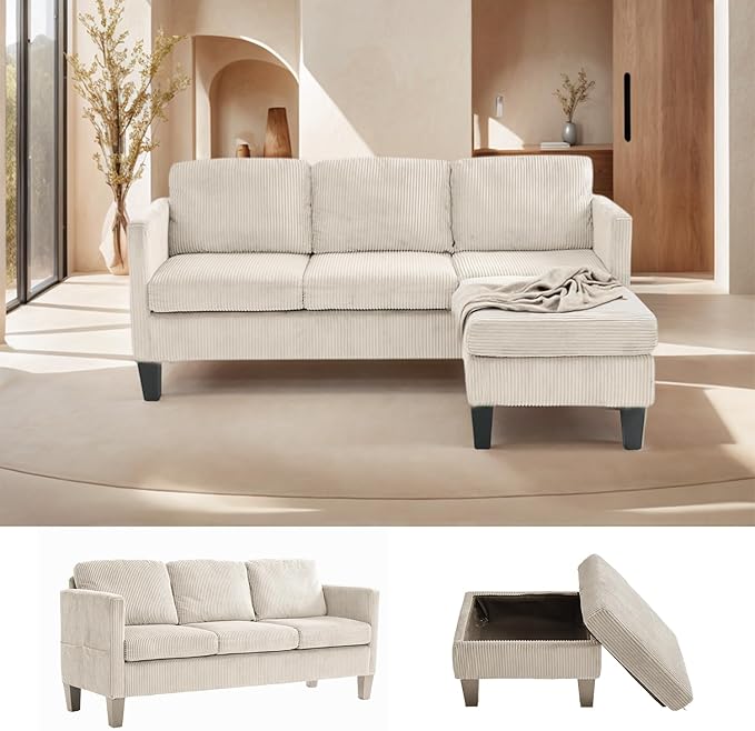 67'' L-Shaped Velvet Modular Sectional Couch Sofa with Ottoman 3-Seat Convertible Cloud Deep Seat Sofa Couches for Living Room Bedroom Apartment Cozy Chaise Lounge Sofas (Off White)
