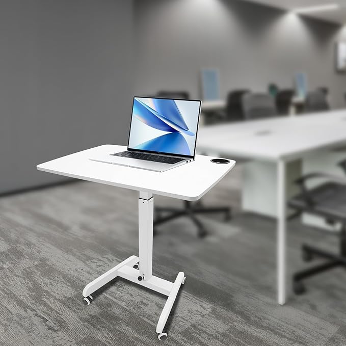 Adjustable Height Mobile Standing Desk with Wheels Pneumatic Lift Rolling Computer Table for Office Home Classroom White Iron Workstation w/Cup Holder &amp Pen Slot