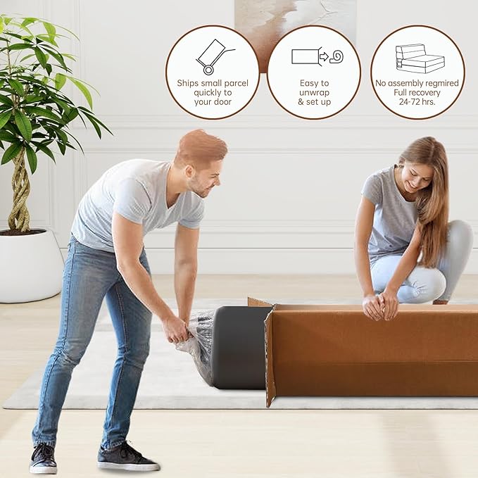 Folding Sofa Bed Single Size with Pillow Memory Foam Convertible Sleeper Chair Floor Couch Futon Lazy for Living Room Home Office Guest Beds Apartment Upstairs Loft Dark Gray