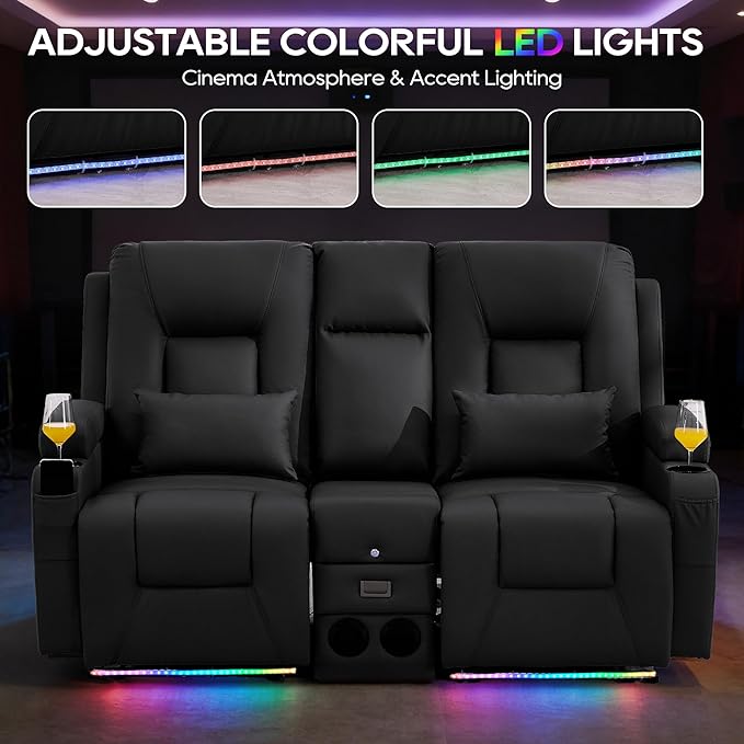 IPKIG Power Recliner Loveseat with Console Zero Wall Hugger Sofa Couch Faux Leather 2-Seater Sofa with LED Lights AC Outlets USB Ports Cup Holders Charcoal Black | Storage Drawer Bluetooth Spea