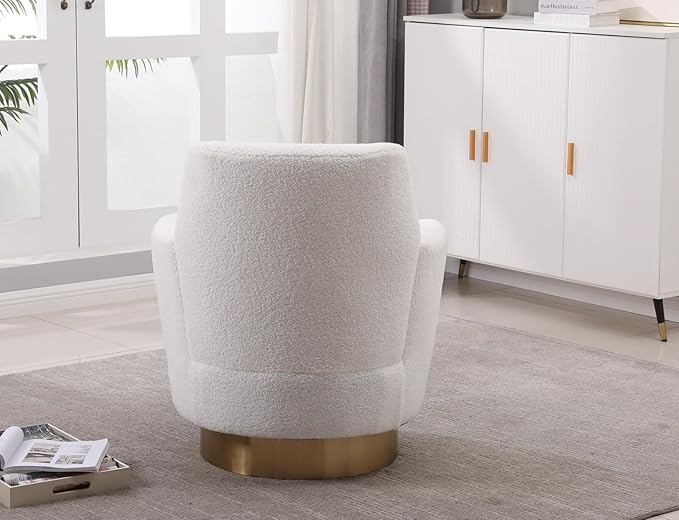 KEIKI Teddy 360° Swivel Barrel Chair with Gold Stainless Steel Base Accent Round Single-seat Upholstered Reading Sofa Armchair for Nursery Reading Living Room Bedroom Lounge Hotel Ivory Teddy