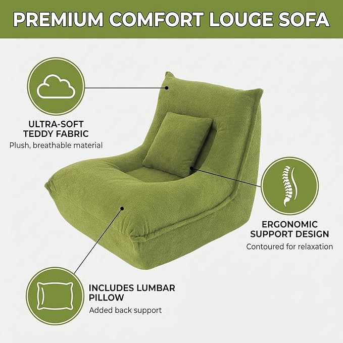 Chaise Lounge Chair - Modern Single Seater Floor Sofa with Pillow Memory Foam Filled Compressed Sofa for Bedroom Game Living Room - Comfortable Ergonomic Lounger No Assembly Needed Green
