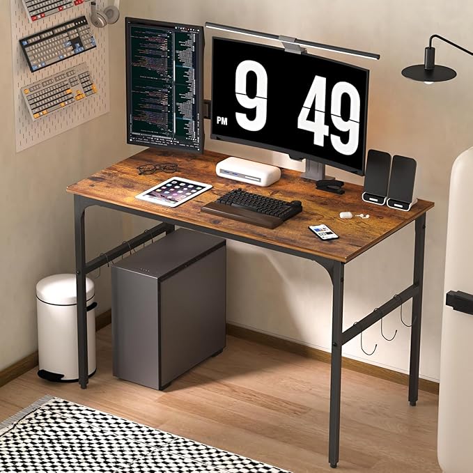 VECELO Computer Desk Water Proof Writing Desk with 4 Hooks Work Desk with Adjustable Feet Computer Desk for Small Space/Home Office/Dormitory 43 InchRusic Brown
