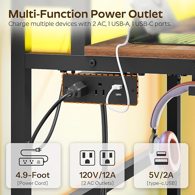Small Computer Desk with Charging Station and LED Lights Gaming Desk with Monitor Stand 2-Tier Home Office Desk with 4 Side Hooks for Living Room Home Office Rustic Brown DN01UDBRY2