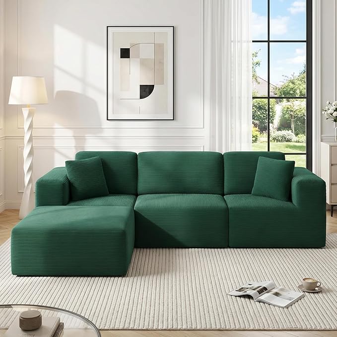 106 Cloud Sectional Couch with Ottoman L Shaped Boneless Couch with Deep Seat 3 Seater Corduroy Modular Sectional Sofa for Living Room No Assembly Required Green